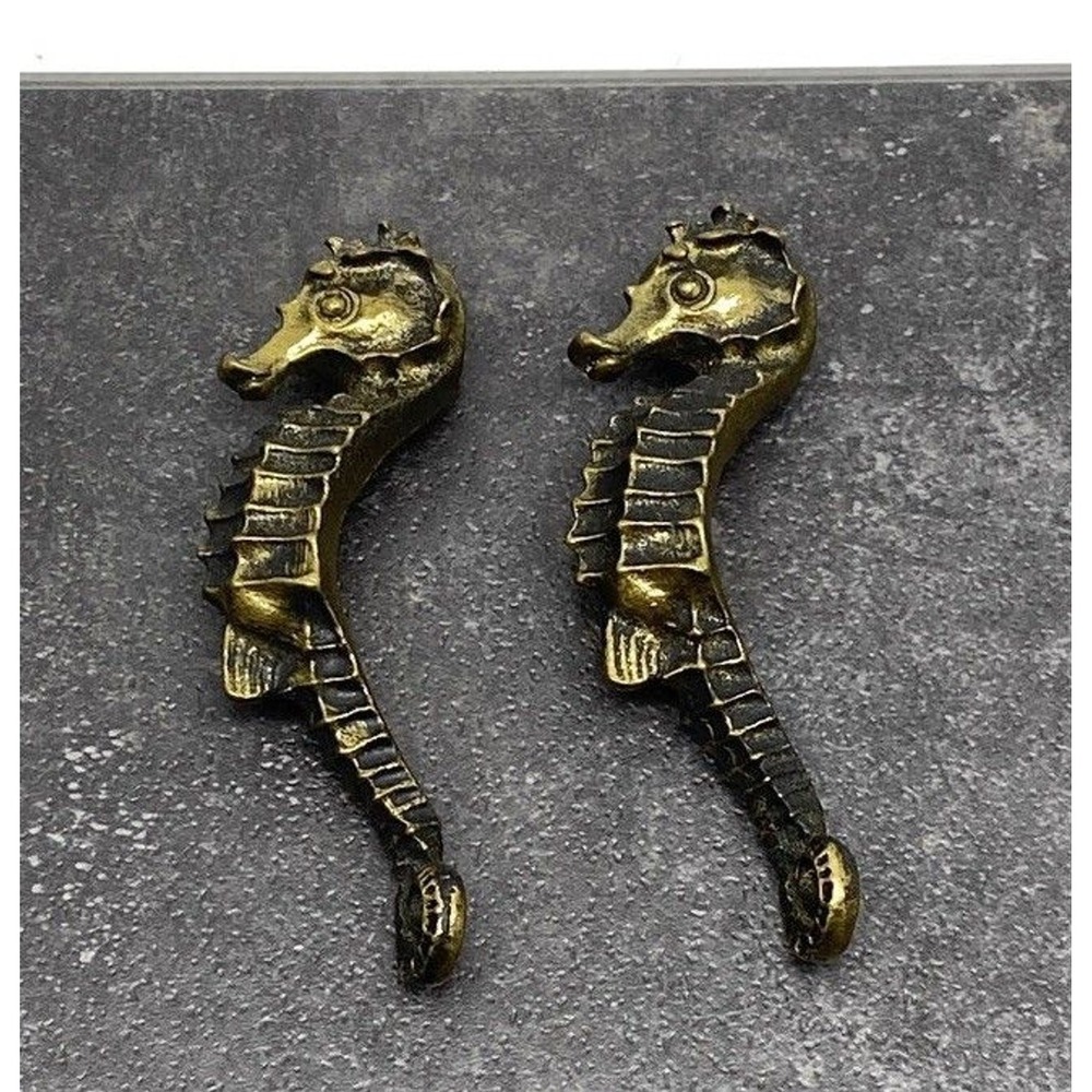 Vintage Pair of 2 Seahorse Bronze Finish‎ Cabinet Pulls Solid Brass Door Handles